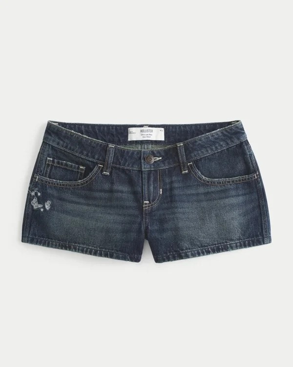 Ultra Low-Rise Dark Wash Butterfly Embroidered Denim Mini Shorts Ultra Low-Rise Dark Wash Butterfly Embroidered Denim Mini Shorts