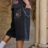 Washed Black Cat Graphic Super Baggy Denim Shorts Washed Black Cat Graphic Super Baggy Denim Shorts