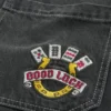 Washed Black Good Luck Embroidery Skater Baggy Jeans Washed Black Good Luck Embroidery Skater Baggy Jeans