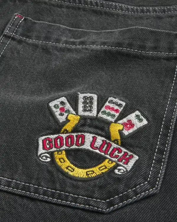 Washed Black Good Luck Embroidery Skater Baggy Jeans Washed Black Good Luck Embroidery Skater Baggy Jeans