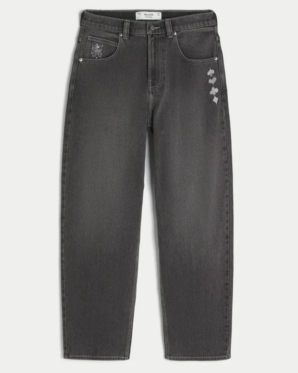Washed Black Playing Card Joker Graphic Skater Baggy Jeans Washed Black Playing Card Joker Graphic Skater Baggy Jeans